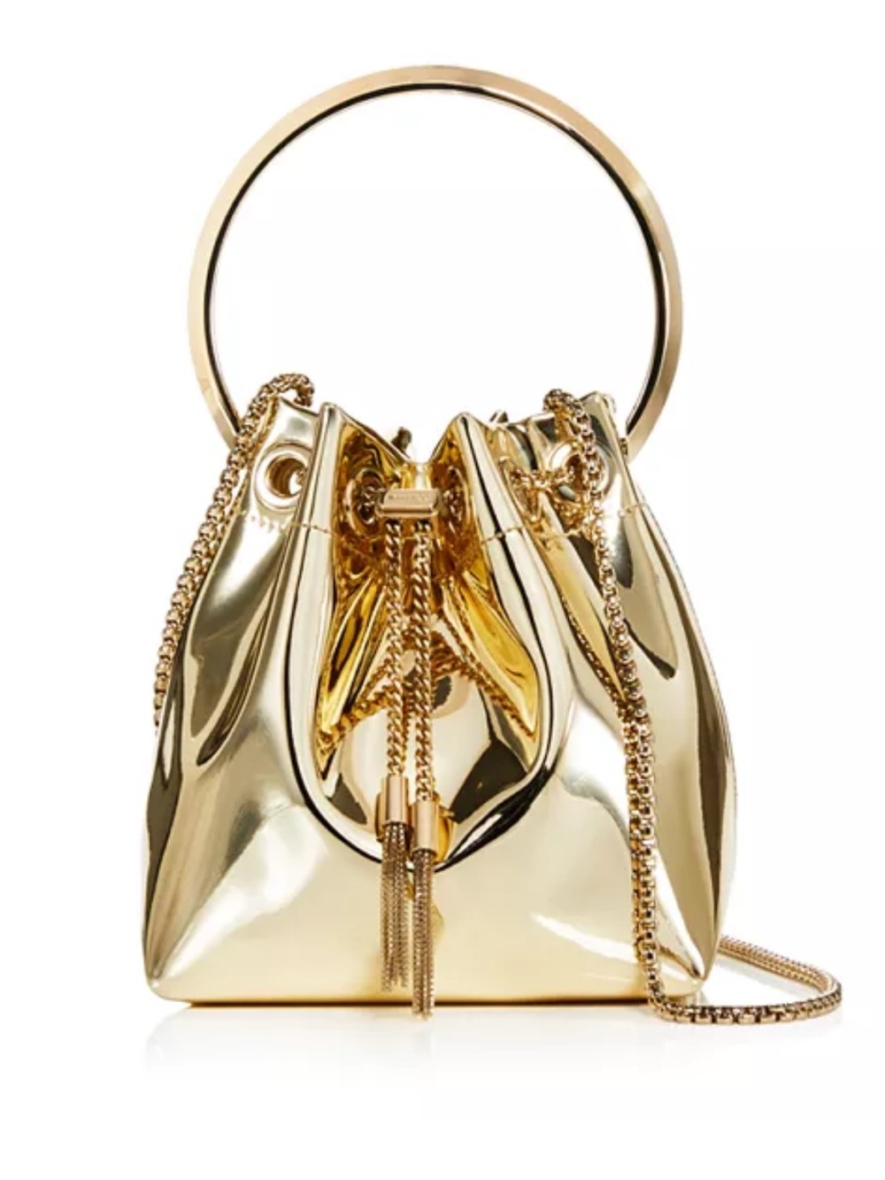 Jimmy Choo Bon Bon Ring Handle Metallic Bucket Bag